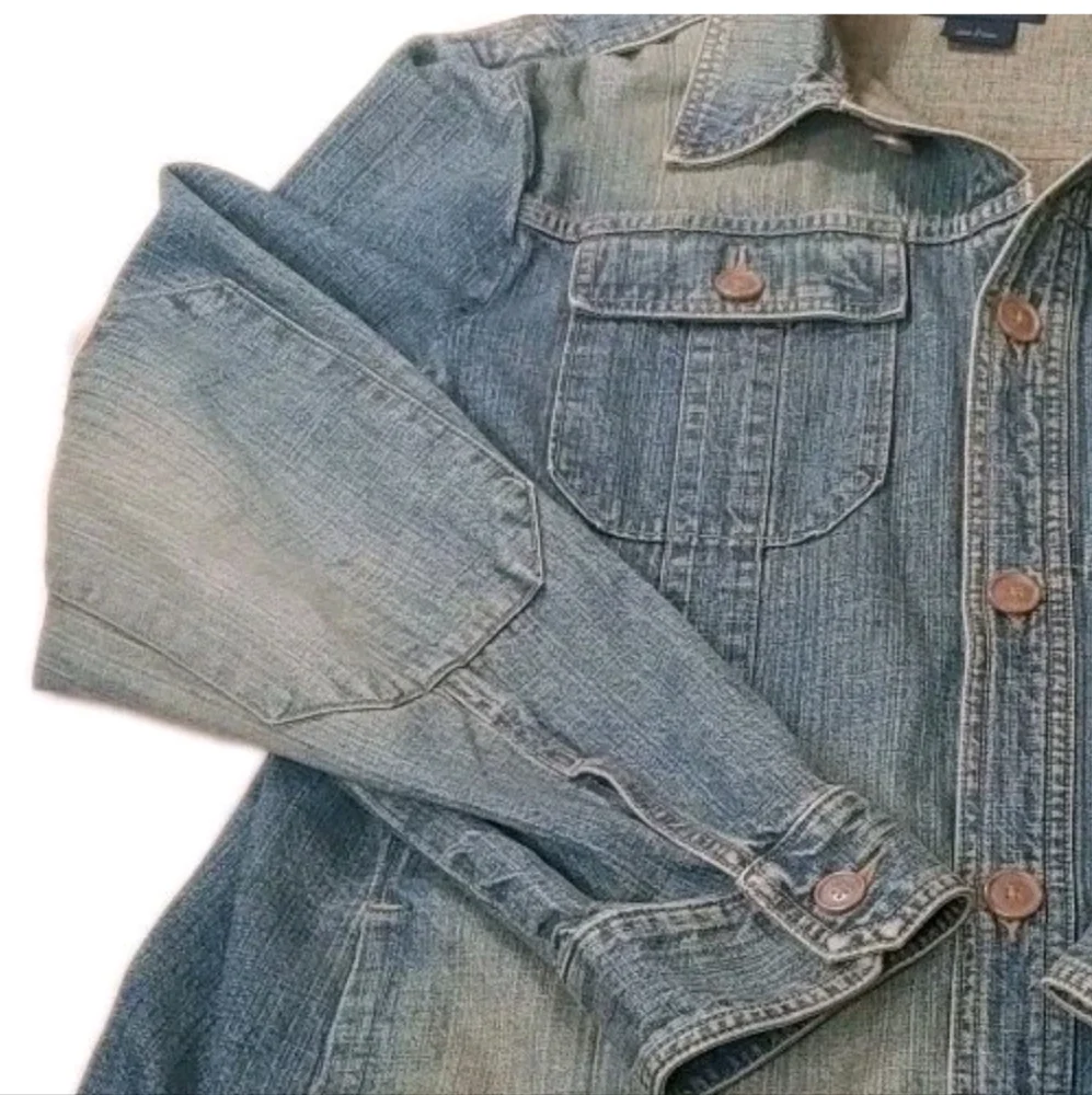 Express Military Jean Jacket Woman Large Blue Denim Button Elbow Patches Utility - Picture 8 of 12
